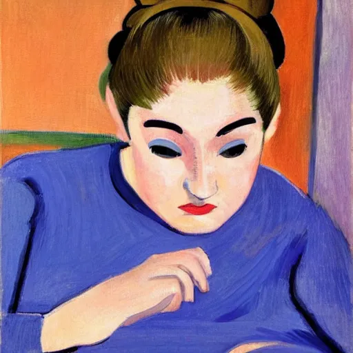 Image similar to early morning. a young woman wearing a cozy hoodie, with double buns hairstyle is texting on her smartphone. sunlight is entering through the window and beautifully lighting the face. depth of field, backlit, closeup, oil on canvas, art by henri matisse 1 9 4 4, in the style of dance by henri marisse, 1 9 1 0, smooth, fauvism, 2 k