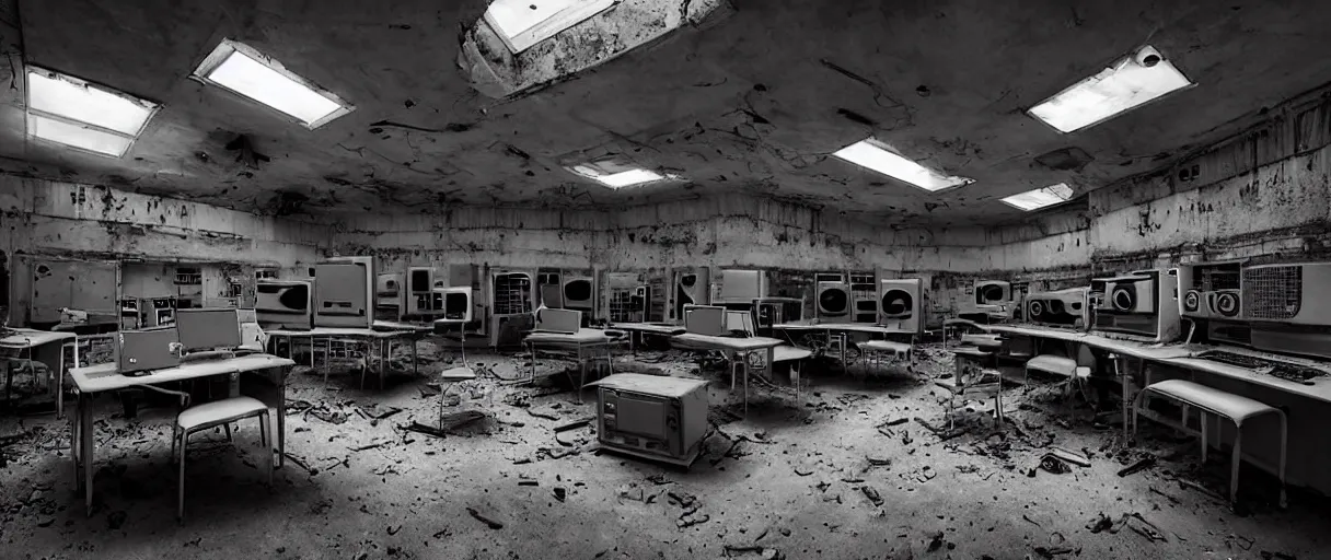 Prompt: abandoned computer laboratory from 1 9 5 0 s - mid xx century - vintage obsolete huge supercomputers computers - chernobyl control room style - high resolution - sharp focus 4 k - dark atmosphere - high contrast - retro futuristic - biomechanic mutation - volumentric lighting - cinematic atmosphere - concept art by hans giger, ruan jia, steve mccurry