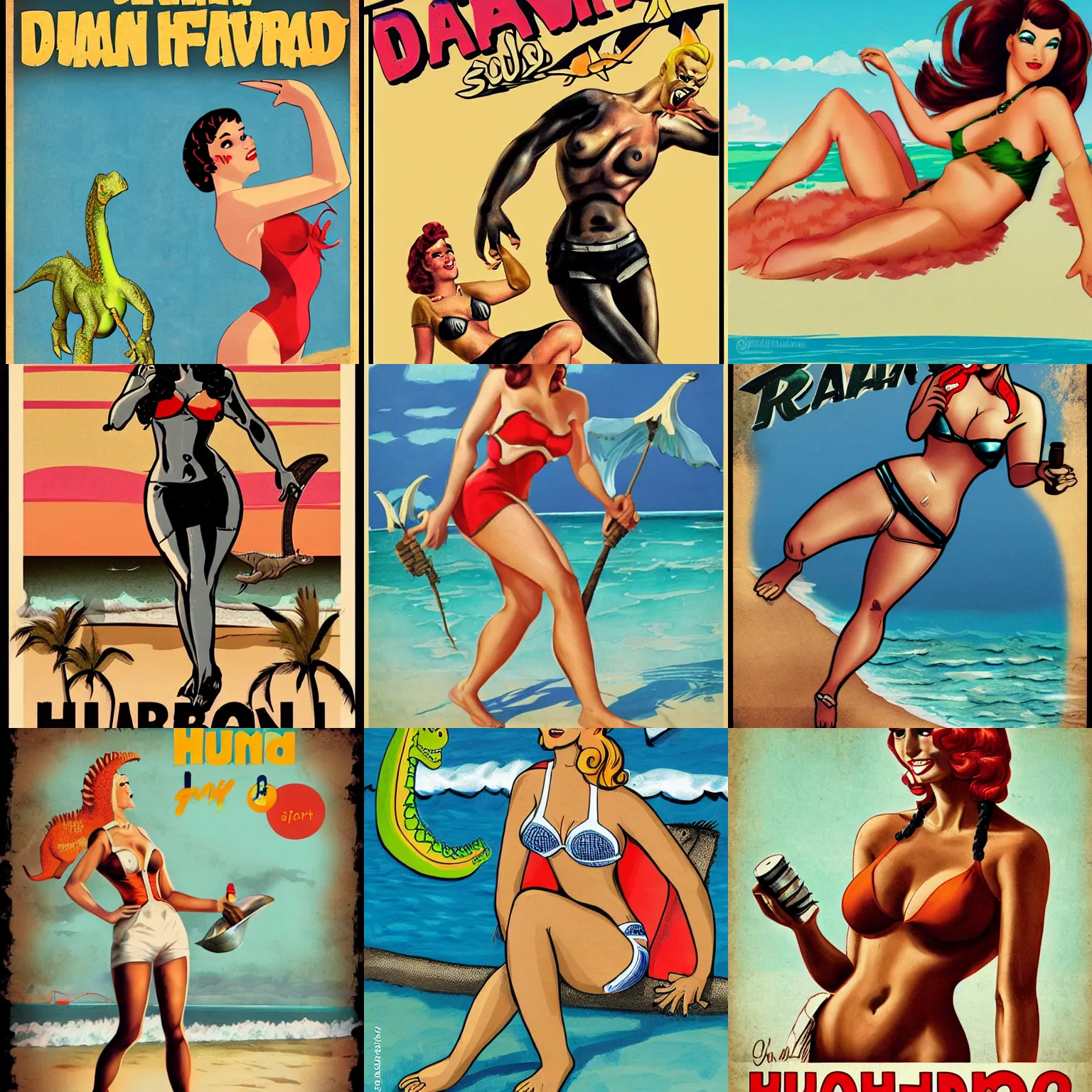 Prompt: Human-dinosaur hybrid at the beach, pin up style poster