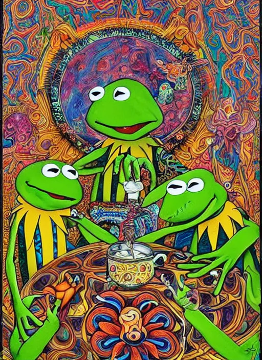 Prompt: Kermit the Frog on ayahuasca painting by aaron brooks, chris dyer, android jones, and alex grey