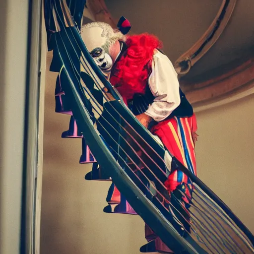 Prompt: a man pushing a clown down a spiral staircase