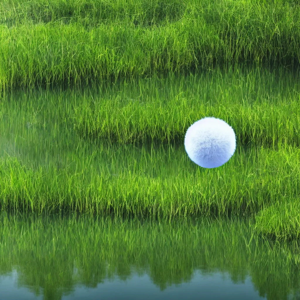 Image similar to a fuzzy orb floating on a pond, calm water, photorealistic, 4 k, detailed, reflection