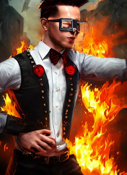 Image similar to An epic fantasy comic book style portrait painting of young man with red spiked long hair, using googles. Wearing a black waistcoat, white shirt. Fire on his hands. Unreal 5, DAZ, hyperrealistic, octane render, cosplay, RPG portrait, dynamic lighting