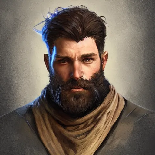 Image similar to bearded gunslinger, painted fantasy character portrait, headshot, fantasy, highly detailed, digital painting, artstation, concept art, sharp focus, illustration, art by the golden age of American illustration archive, artgerm and greg rutkowski and alphonse mucha