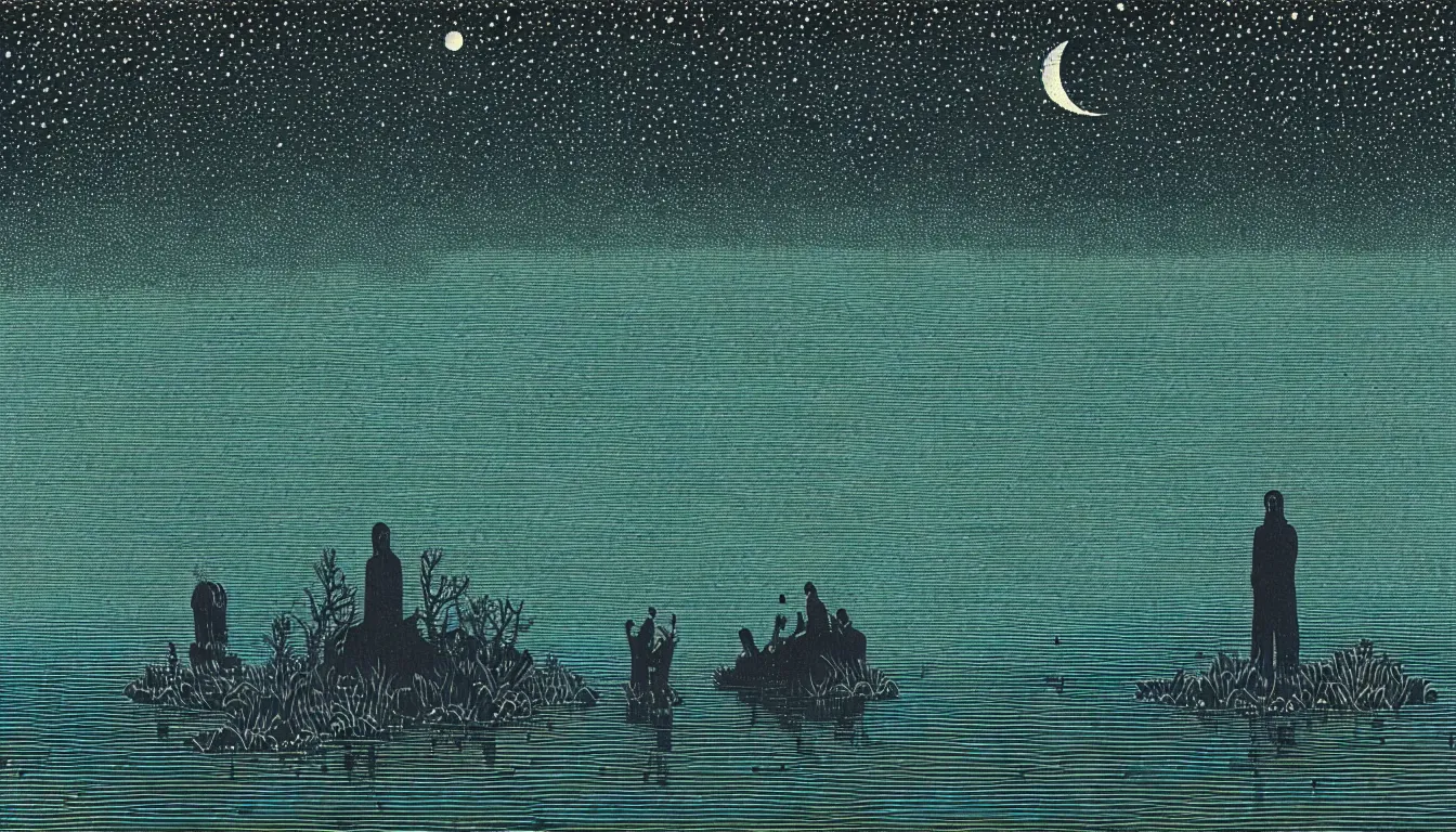 Image similar to standing in a lake looking at reflection of the night sky by woodblock print, nicolas delort, moebius, victo ngai, josan gonzalez, kilian eng