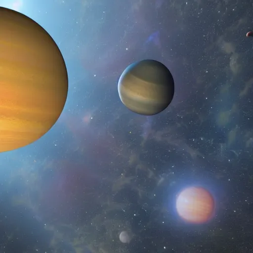 Image similar to photo of mob of planets in galactic mealstrom, vray