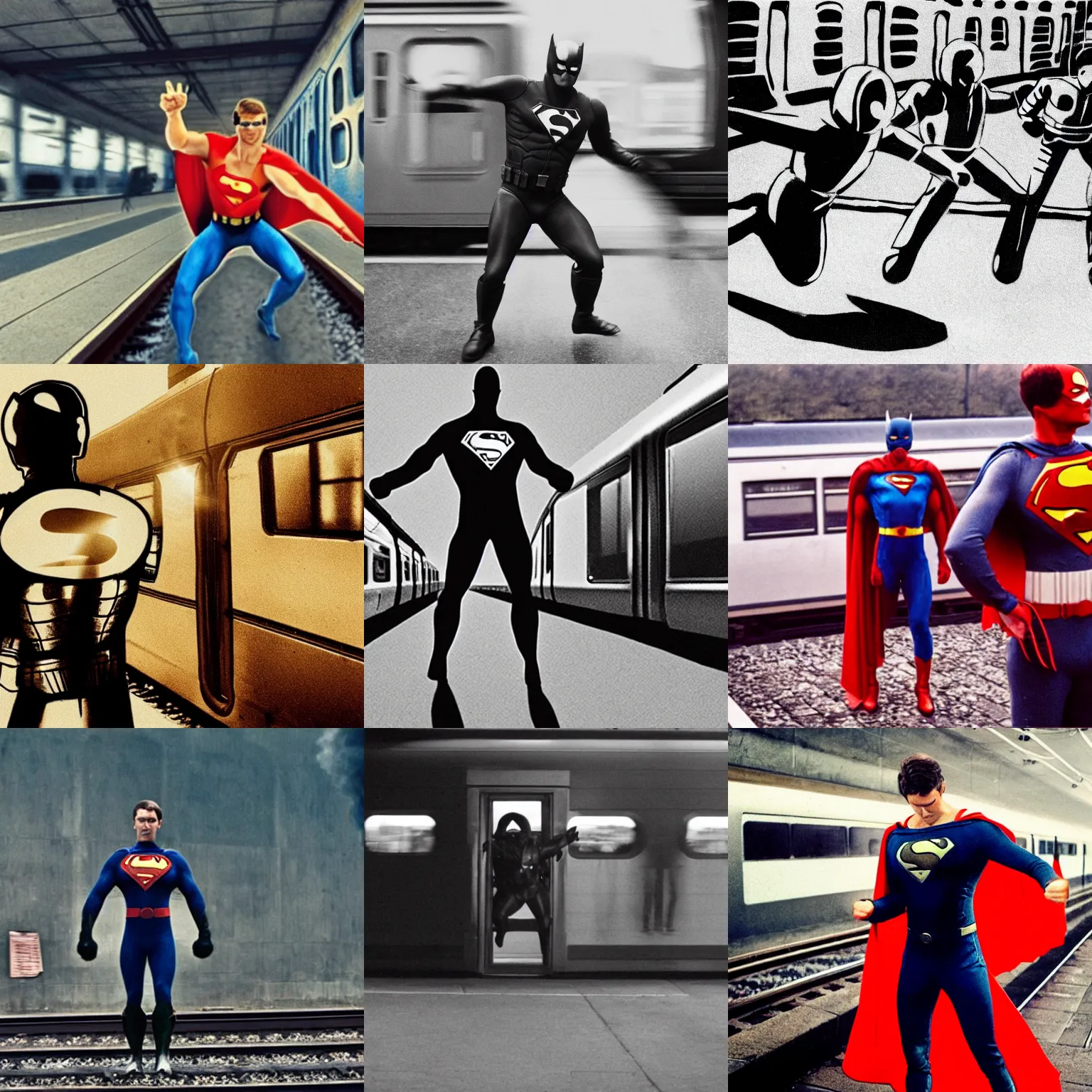 Prompt: superhero stopping a train with their body, film still