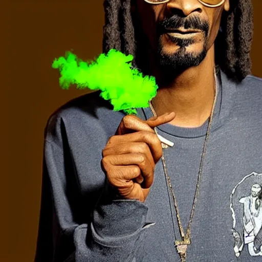 Prompt: Snoop Dogg is holding a joint that has green smoke coming out of it while he is sitting in a studio and doing a podcast.