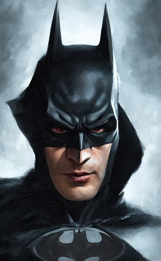 Image similar to Portrait of batman in a black cloak, black hair, glowing eyes, male, detailed face, fantasy, highly detailed, cinematic lighting, digital art painting by greg rutkowski