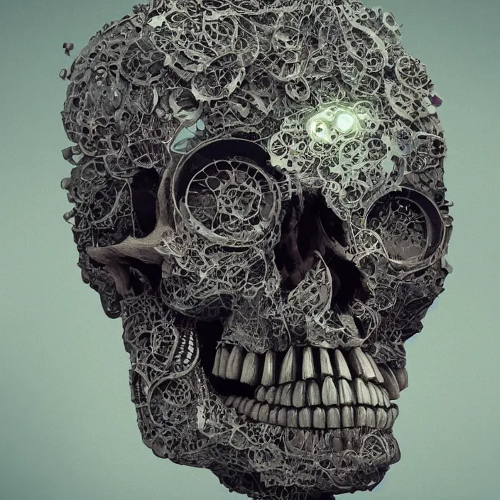 Image similar to portrait of a skull in a suit. intricate abstract. intricate artwork. nightmare fuel. by Tooth Wu, wlop, beeple, dan mumford. octane render, trending on artstation, greg rutkowski very coherent symmetrical artwork. cinematic, hyper realism, high detail, octane render, 8k, iridescent accents