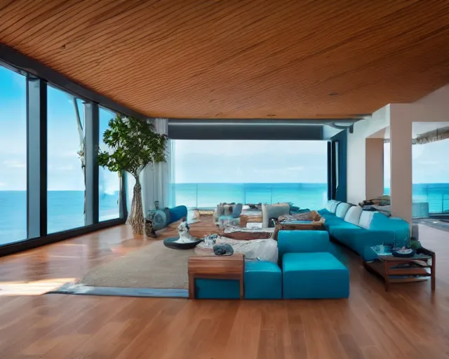 Image similar to A modern living room in a ocean hues style, ocean view, luxurious wooden coffee table, calm, relaxed style, harmony, wide angle shot, 8k resolution