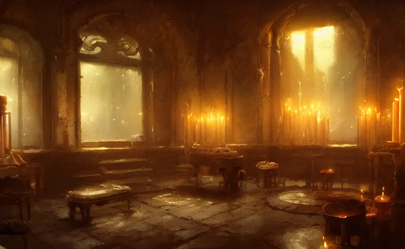 Prompt: painting of an interior of a bath house with candles, concept art, by greg rutkowski and craig mullins, cozy atmospheric and cinematic lighting, trending on artstation