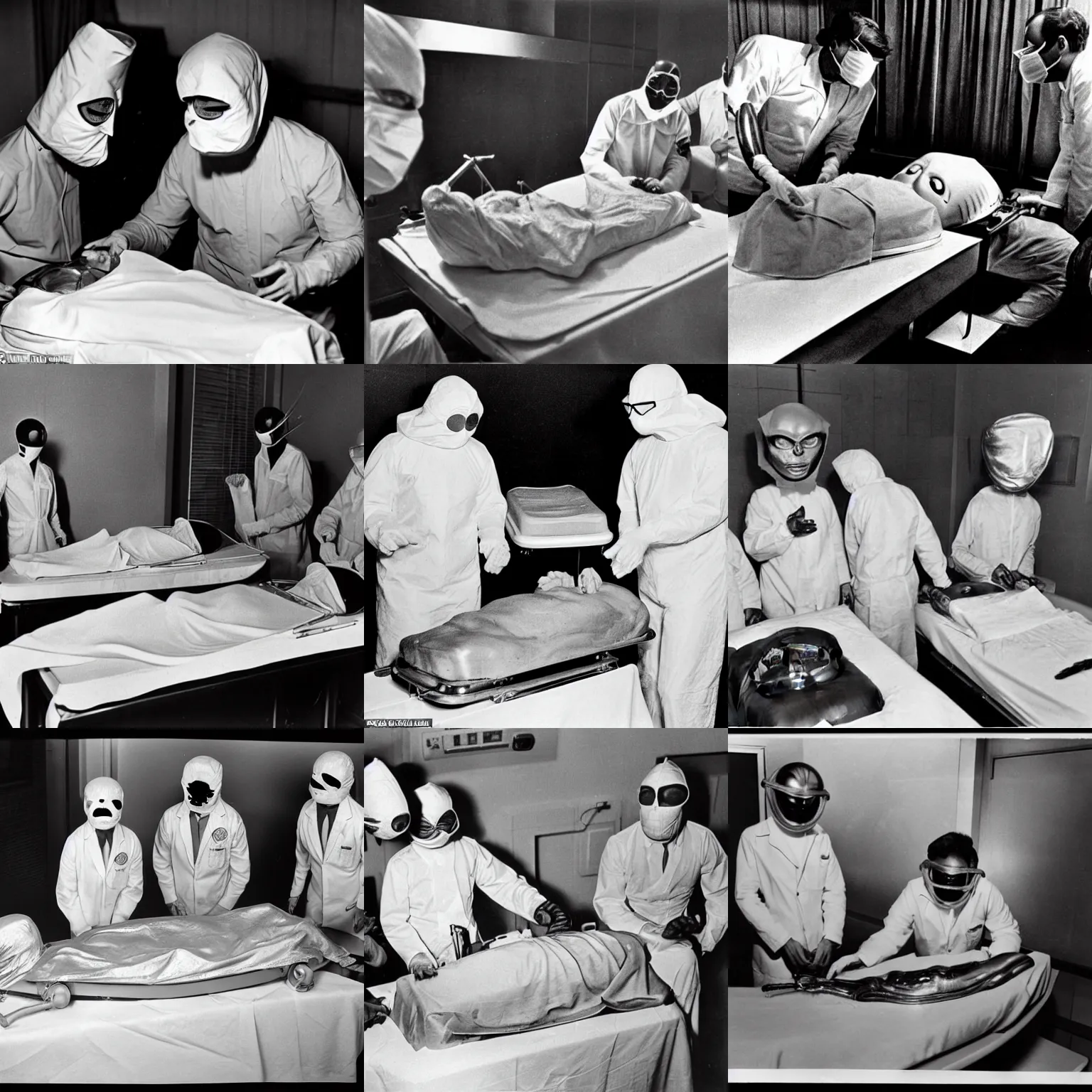 Prompt: 1960s photographic evidence of alien autopsy, doctors wearing masks and examining body with alien face, partially covered by sheets