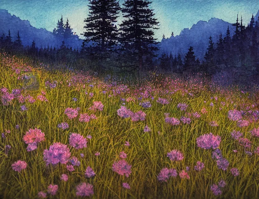 Prompt: dusk at the alpine meadow. color ink wash by award - winning mangaka, chiaroscuro, bokeh, backlighting, intricate details