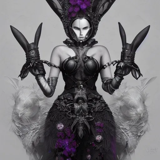 Prompt: tom bagshaw, soft painting fractal curiosities carnival, very beautiful female rabbit hybrid in full ornated nightshade armor, symmetry accurate features, focus, very intricate ultrafine details, black white purple volumetric clouds, award winning masterpiece, octane render 8 k hd