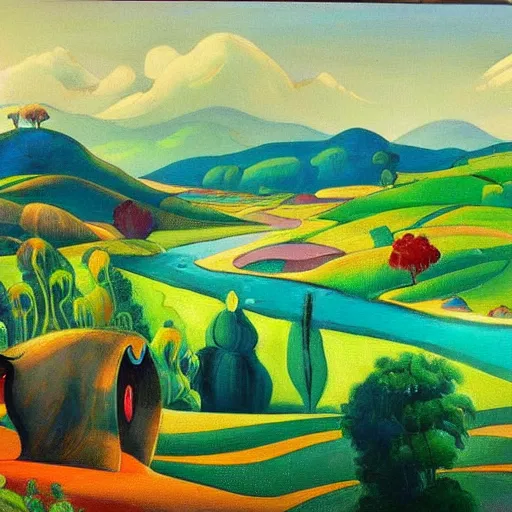 Image similar to A beautiful painting of a landscape. It is a stylized and colorful view of an idyllic, dreamlike world with rolling hills, peaceful looking animals, and a flowing river. The scene looks like it could be from another planet, or perhaps a fairy tale. harlequin by William Gropper defined