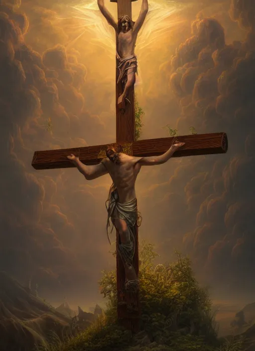 Prompt: christ on the cross, overgrown, in the style of tomasz alen kopera and fenghua zhong and peter mohrbacher, mystical colors, rim light, beautiful lighting, 8 k, stunning scene, raytracing, octane, trending on artstation