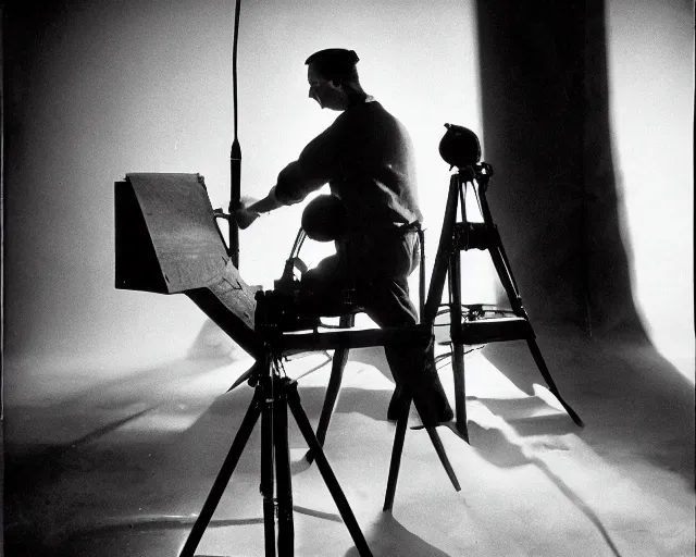Image similar to a long shot, studio photographic portrait of a telegraph operator, dramatic backlighting, 1 9 9 3 photo from life magazine,