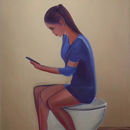 Prompt: painting of a person sitting on toilet scrolling through social media, sad, boring