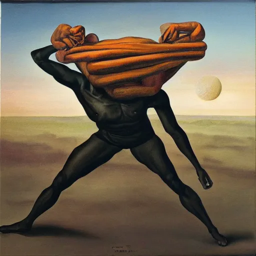 Prompt: a surrealist oil painting of a black man depicted as atlas, struggling to continue carrying the weight of the world, in the style of jean - marquett