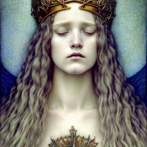 Image similar to detailed realistic beautiful young medieval queen face portrait by jean delville, tom bagshaw, brooke shaden, gustave dore and marco mazzoni, art nouveau, memento mori, symbolist, visionary, gothic, pre - raphaelite, ornate gilded medieval icon, surreality, ethereal, unearthly, haunting, celestial, neo - gothic, ghostly