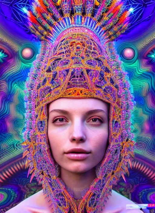 Image similar to absurdly beautiful, fashionable young woman with clear white skin, wearing a headdress made from plastic toys, in the fourth dimension, psychedellic, ayahausca, tryptamine, hyperdetailed illustration by irakli nadar and alexandre ferra, intricate linework, unreal engine 5 highly rendered, global illumination, radiant light, detailed and intricate environment