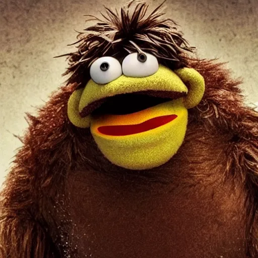 Image similar to a still of a forgotten muppet character looking very manly and modern, hilarious, laughing, hairy chest, huge chin, manly monster tough guy, roughled fur, photo real, photographic, photograph, artstation, trending, featured