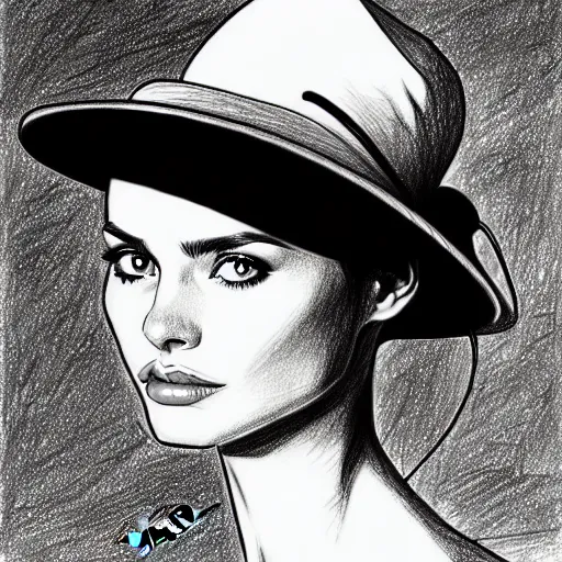 Prompt: drawing portrait of beautiful gorgeous woman with hat by Moebius science fiction