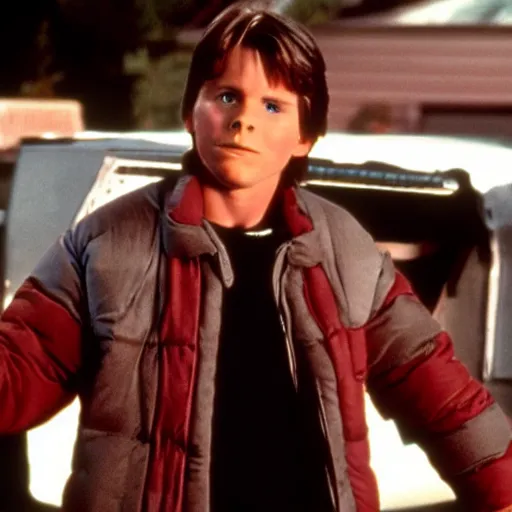 Image similar to film still of Christian Bale as Marty McFly in Back to the Future movie, 4k