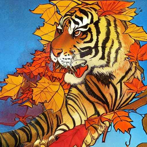 Image similar to a highly detailed cartoon cute tiger flapping a fan under sun, autumn leaves on the ground, concise lines, ultradetailed environment, sharp focus, cinematic lighting, by alphonse maria mucha and kim jung gi