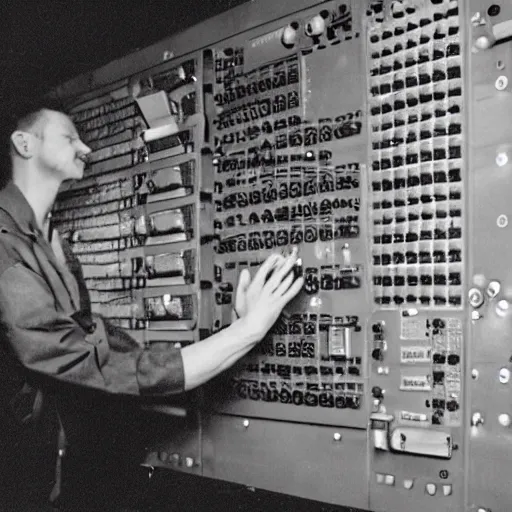 Prompt: a hand pressing randome buttons inside of a nuclear reactor control room, taken from the view of the hand, highly detailed, very realistic.