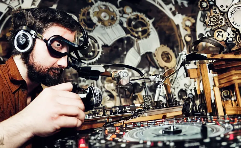 Image similar to a person wearing goggles and visor and headphones using a steampunk record player contraption, doing turntablism dj scratching, intricate carved wood, planetary gears, complex, cinematix, imax, sharp focus, hyper detail