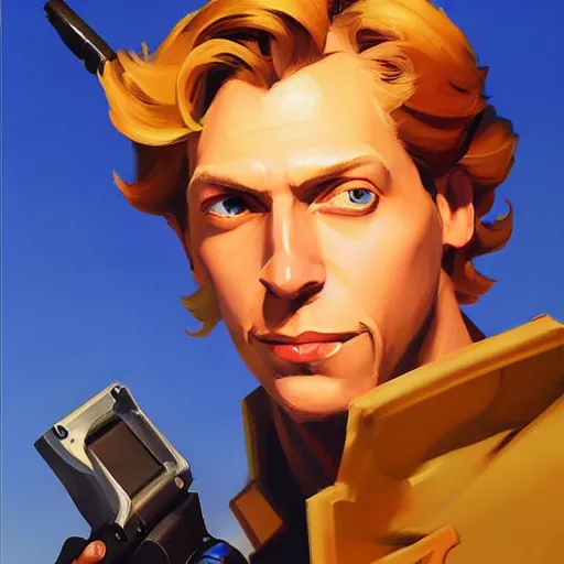 Image similar to Greg Manchess portrait painting o Guybrush Threepwood as Overwatch character, medium shot, asymmetrical, profile picture, Organic Painting, sunny day, Matte Painting, bold shapes, hard edges, street art, trending on artstation, by Huang Guangjian and Gil Elvgren and Sachin Teng