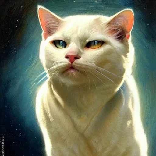 Prompt: a portrait of a manly and muscular white cat feline, blue eyes, star trek the next generation. highly detailed painting by gaston bussiere, craig mullins, j. c. leyendecker, furry