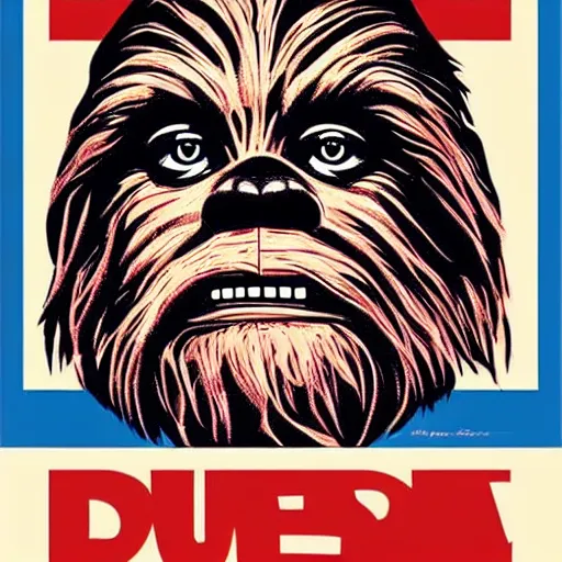 Image similar to chewbacca presidential election poster showing close up of chewbacca face red and blue duotone by sheperd fairey no text