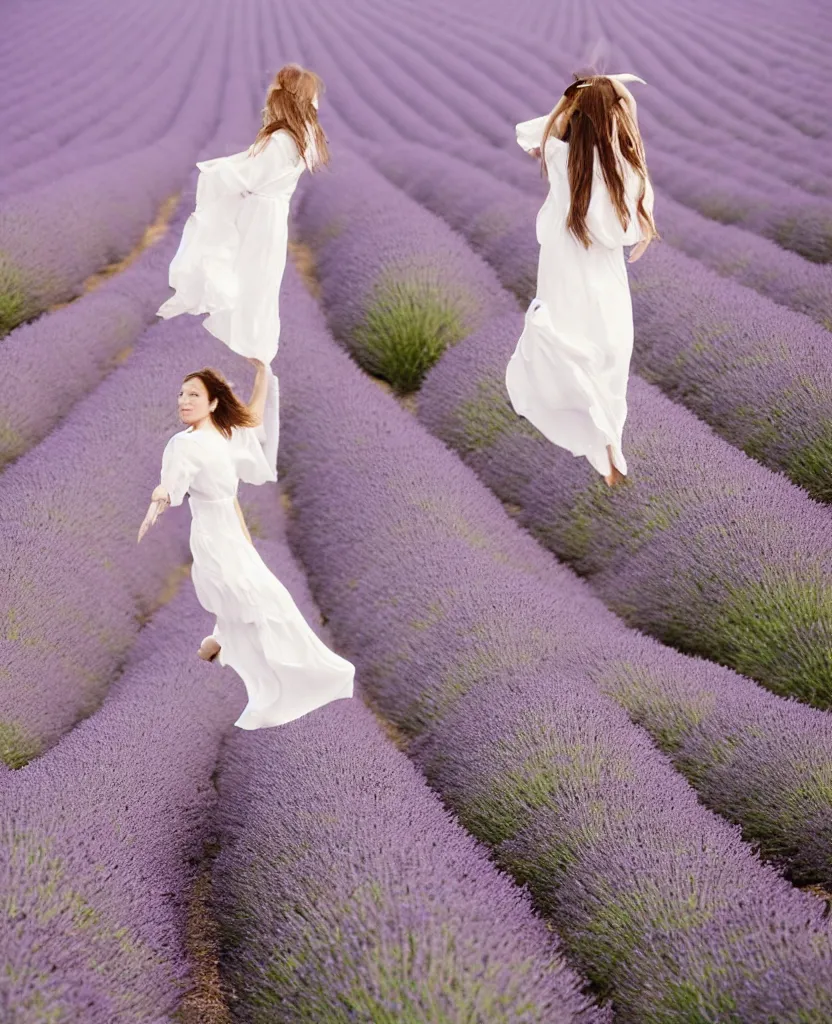 Prompt: dream A portrait of a French woman, mid-20s, wearing a white flowing dress, in a lavender field in France, 85mm, 1.2, Kodak Portra, trending on Instagram