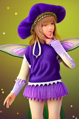 Image similar to Full View fairy maiden with short blond hair wearing an oversized purple Beret, Baggy Purple overall shorts, Short Puffy pants made of silk, silk shoes, a big billowy scarf, Golden Ribbon, and white leggings Covered in stars. covered in embroidery. Short Hair. peasant magic. masterpiece 4k digital illustration by Ruan Jia and Mandy Jurgens and Artgerm and william-adolphe bouguereau, award winning, Artstation, art nouveau aesthetic, Alphonse Mucha background, intricate details, realistic, panoramic view, Hyperdetailed, 8k resolution, intricate art nouveau