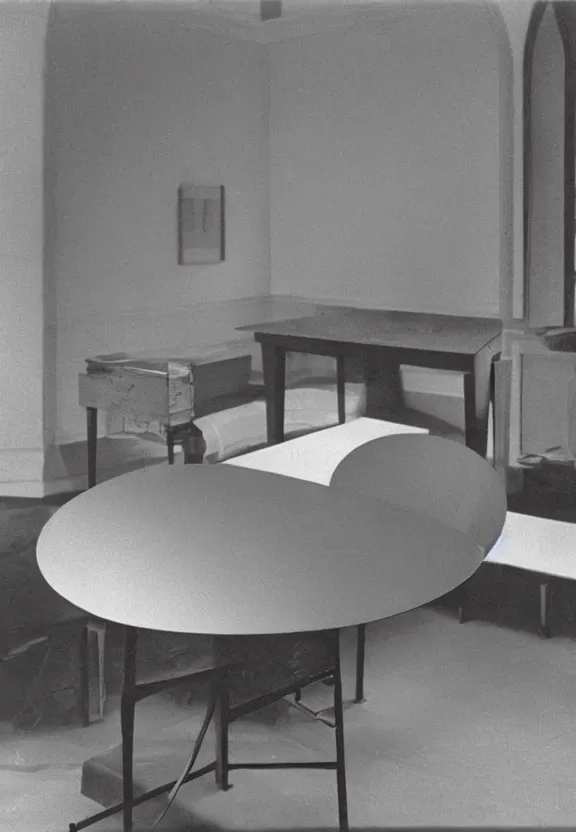 Prompt: an object on a table in a vast room, by marcel duchamp, archival pigment print, 1 9 2 0, academic art, conceptual art, white readymade