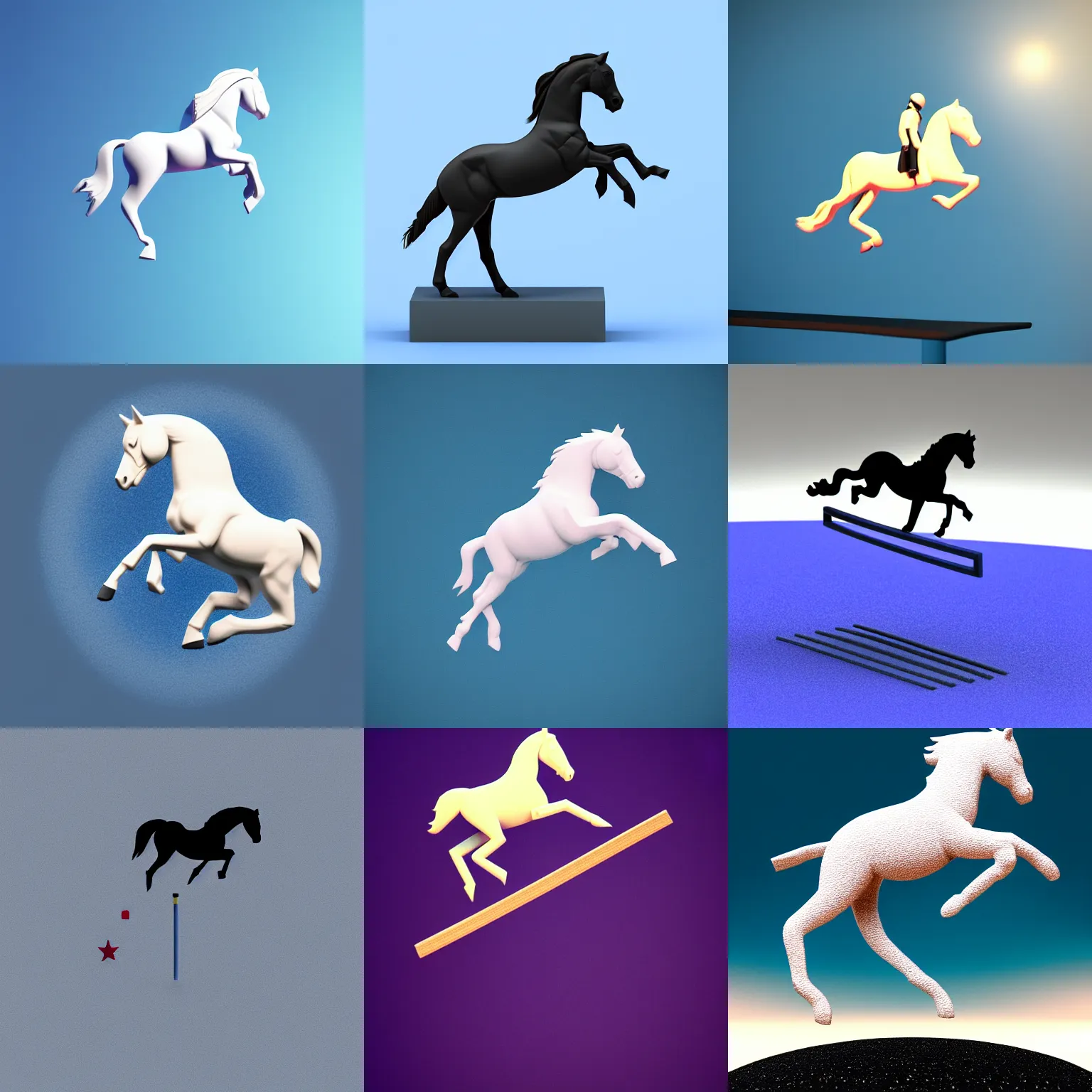 Prompt: an isometry view of a minimalistic horse jumping on top of an astronaut, minimalist style, 3 d render