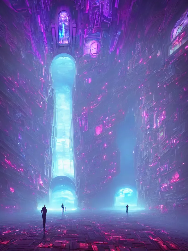 Image similar to entrance to ethereal realm, god waiting, rendered in unreal engine, central composition, symmetrical composition, dreamy colorful cyberpunk colors, 6 point perspective, fantasy landscape with anthropomorphic!!! terrain!!! in the styles of igor morski, jim warren, and rob gonsalves, intricate, hyperrealistic, volumetric lighting, neon ambiance, distinct horizon