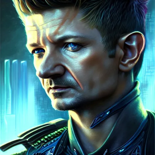 Prompt: portrait painting of a cyberpunk elven cop who looks like jeremy renner, ultra realistic, concept art, intricate details, eerie, highly detailed, photorealistic, octane render, 8 k, unreal engine. art by artgerm and greg staples and elsa beskow and brian froud and jessica rossier