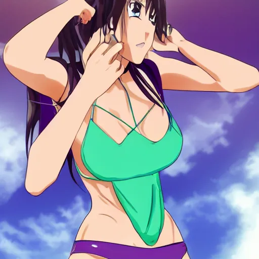 Prompt: beautiful anime girl in a bikini bending over to grab her dropped cell phone