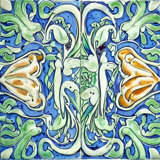 Prompt: beautiful detailed tile design depicting swans and waterlilies