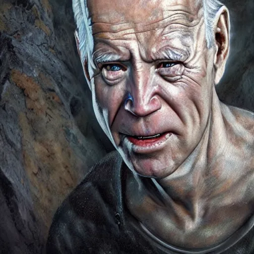 Prompt: hyperrealistic mixed media high resolution painting of Joe Biden Gollum skulking in a dark cave, stunning 3d render inspired art by Jamie Salmon and István Sándorfi and Unreal Engine and Greg Rutkowski, perfect facial symmetry, realistic flesh, dim volumetric lighting, 8k octane beautifully detailed render, full body shot, post-processing, extremely hyper-detailed, intricate, epic composition, highly detailed attributes, highly detailed atmosphere, cinematic lighting, masterpiece, trending on artstation, very very detailed, masterpiece, stunning, flawless completion, lifelike texture, perfection,