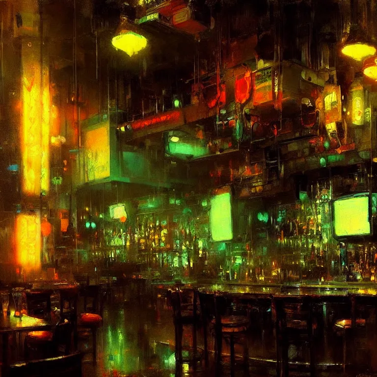 Image similar to neon bar interior by jeremy mann greg rutkowski beautiful detailed painting