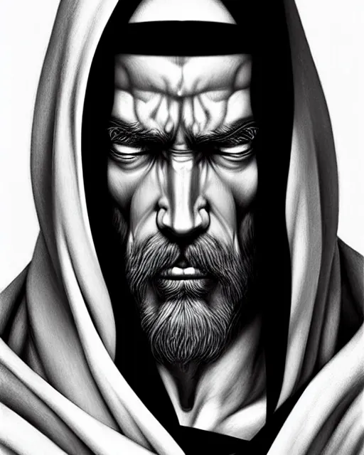 Image similar to standing man monk in black hooded robe White-hair, muscular elegant. Perfect face, fine details. by Ilya Kuvshinov artgerm, rutkowski