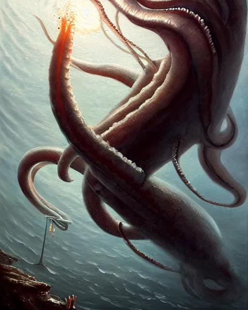 Prompt: a dream fantasy painting of a giant squid attack a diving man, by beksinki, giger, greg rutkowski, carne griffith trending on artstation, deviantart, photorealism