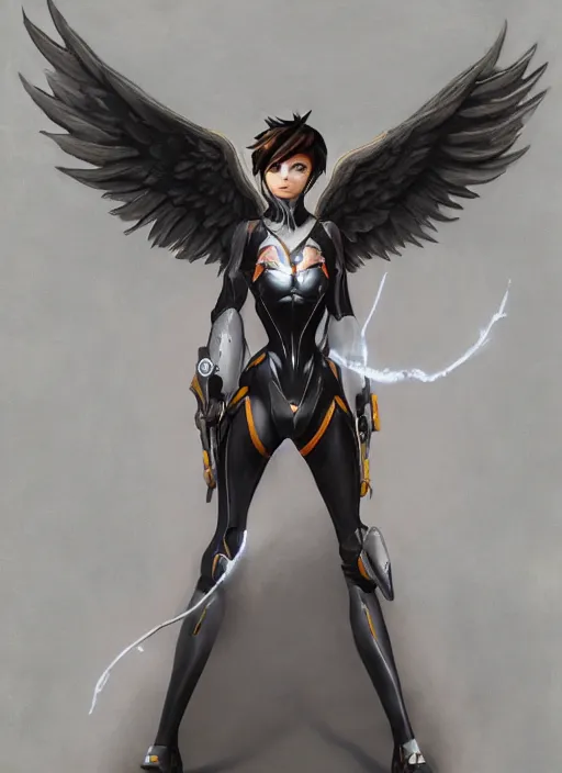 Image similar to full body artwork of tracer overwatch wearing leather collar in style of zdzisław beksinski, angel wings, dramatic painting, symmetrical composition, wearing detailed leather collar, black shiny armor, chains, black harness, detailed face and eyes,