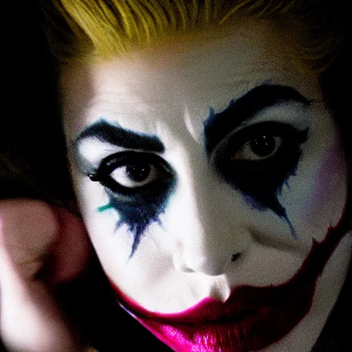 Prompt: beautiful awe inspiring Lady Gaga playing The Joker 8k hdr movie still moody lighting
