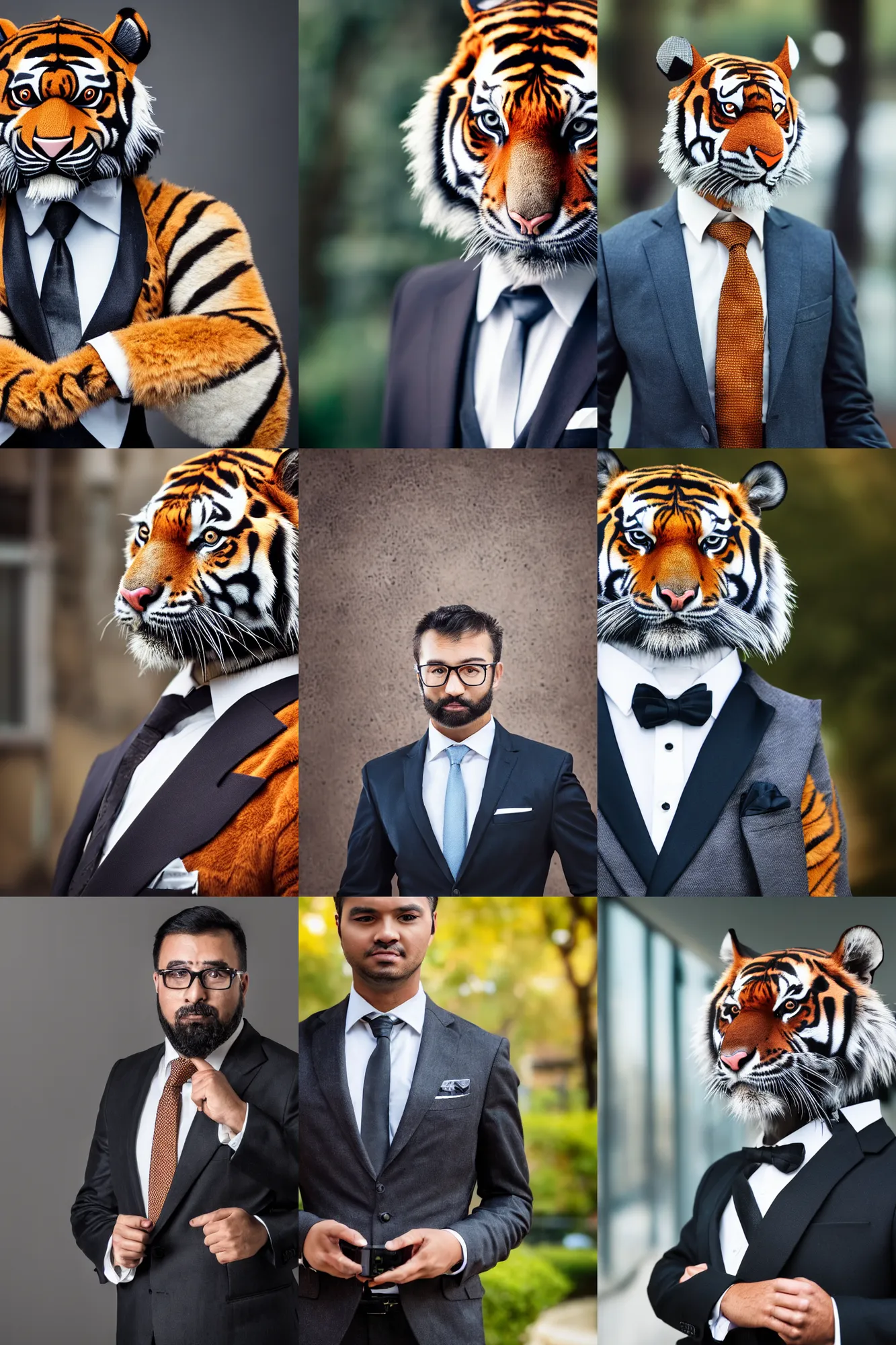 Prompt: high quality portrait photo of an businessman tiger dressed in a dark suit and tie, Anthropomorphic, photography 4k, f1.8 bokeh, 4k, 85mm lens, sharp eyes, looking at camera